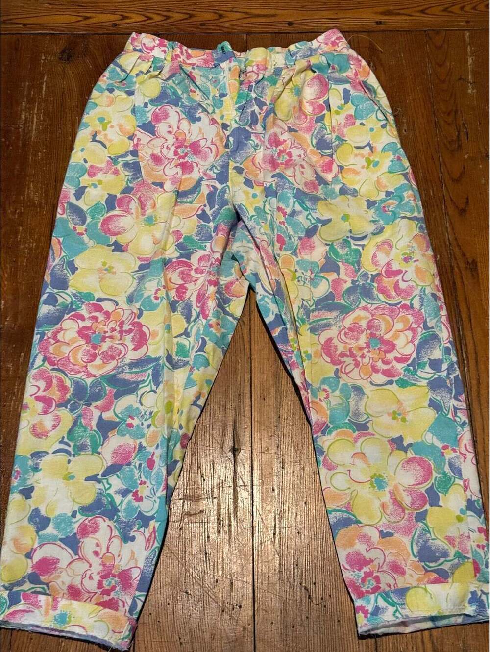 Vintage Palmetto’s Floral High-Waisted Pants – Pastel Pink Yellow TealTrousers